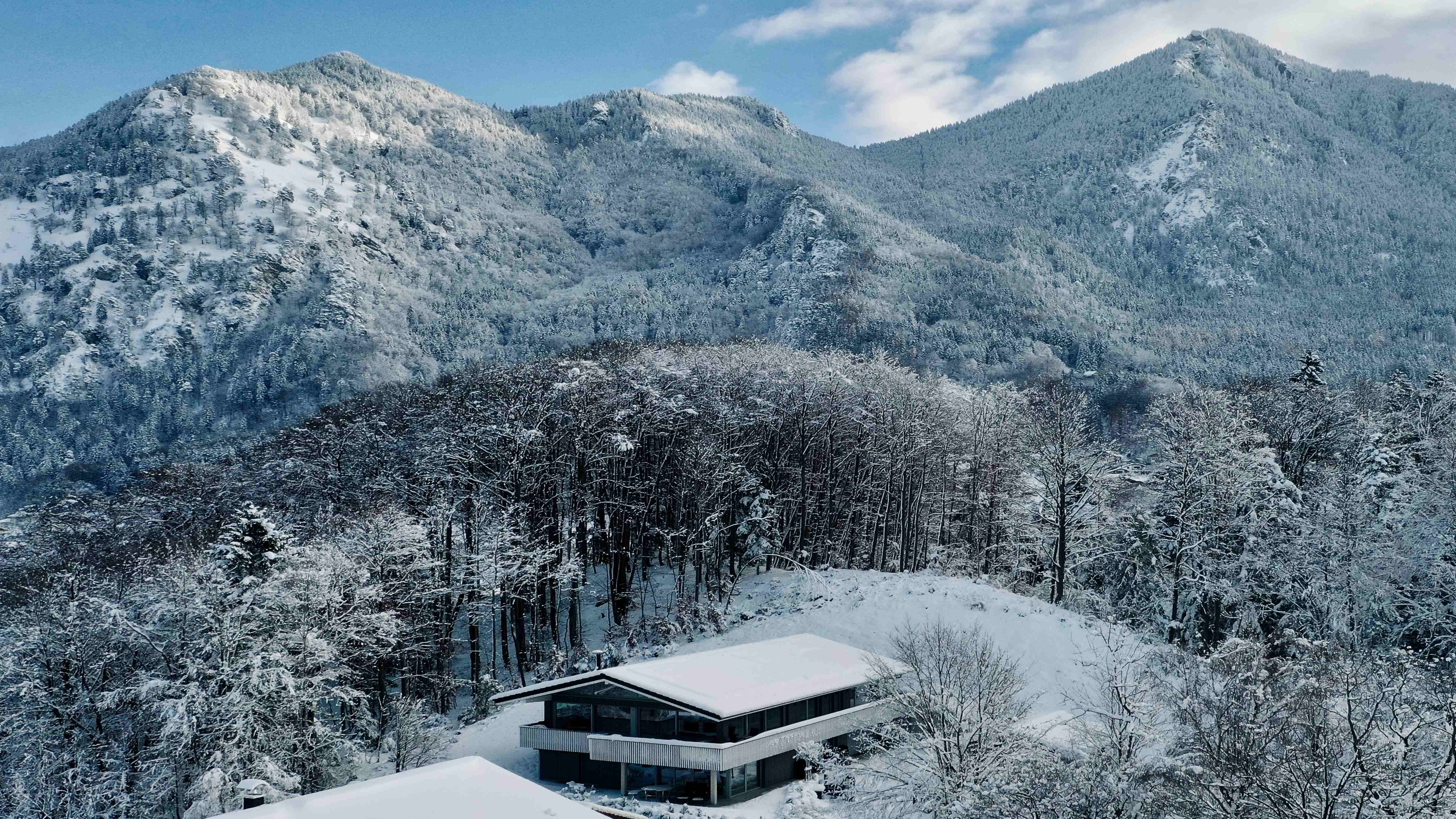 Modernes Haus im verschneiten Wald mit Bergblick