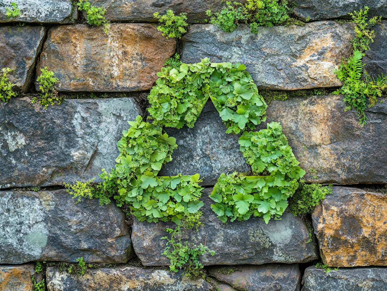 Nachhaltiges Bauen - Recycling-Symbol aus Pflanzen auf Naturstein