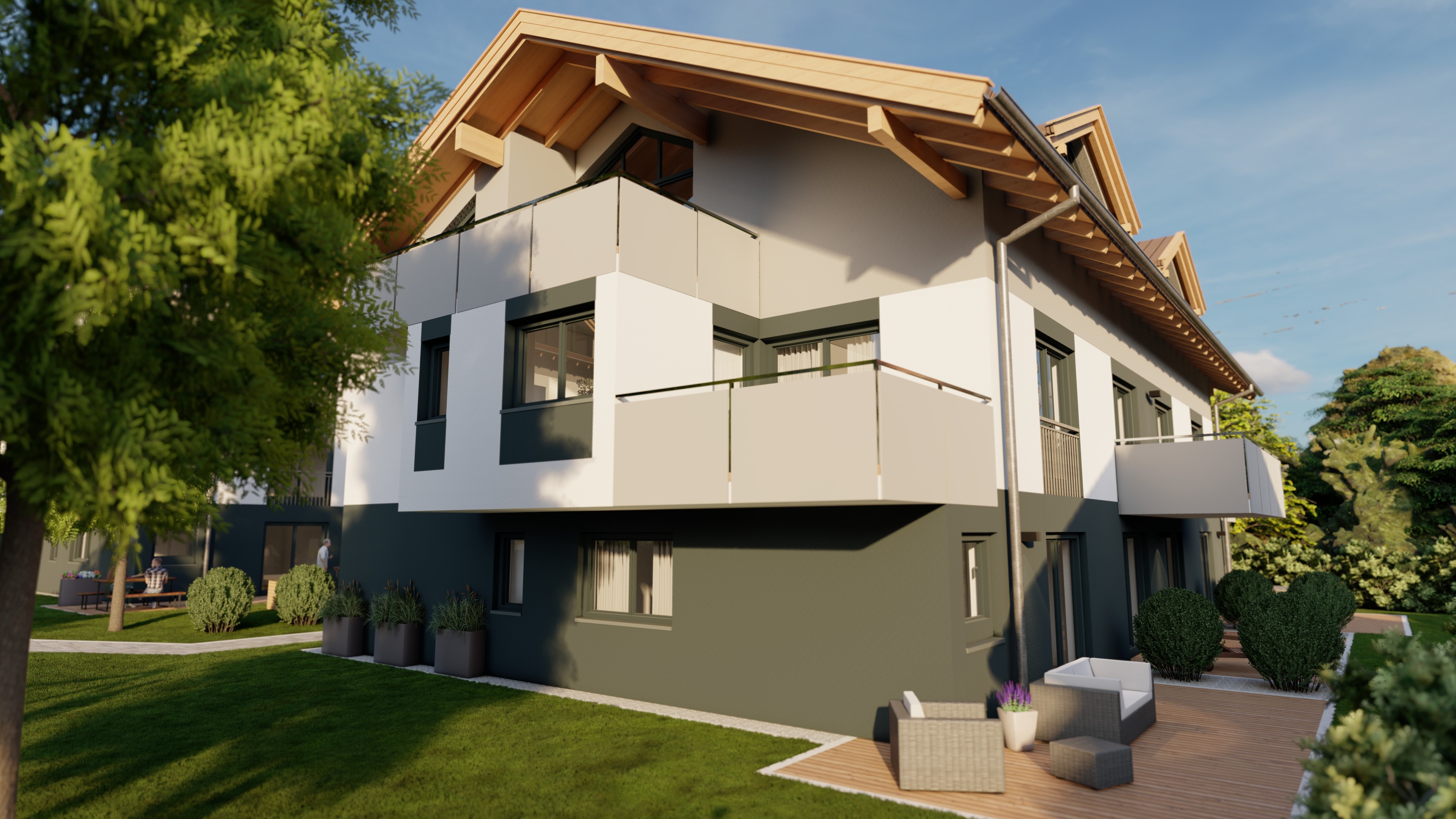 Modernes Wohngebäude mit Holzdach und großzügigen Balkonen in Gartenlage